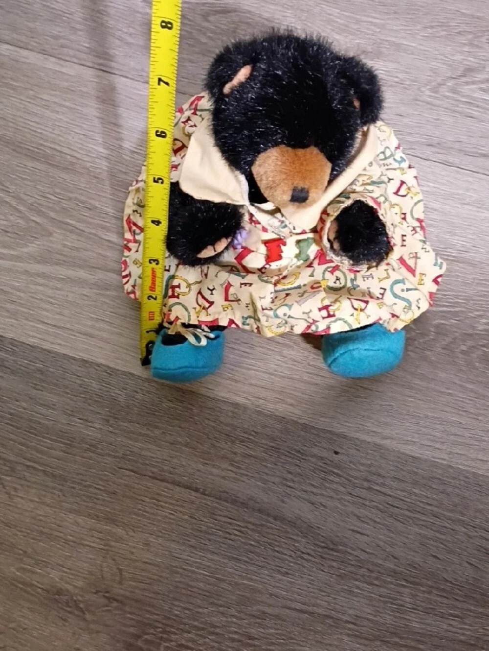 Russ Black Plush Bear in Alphabet‎ Dress with Blue Shoes